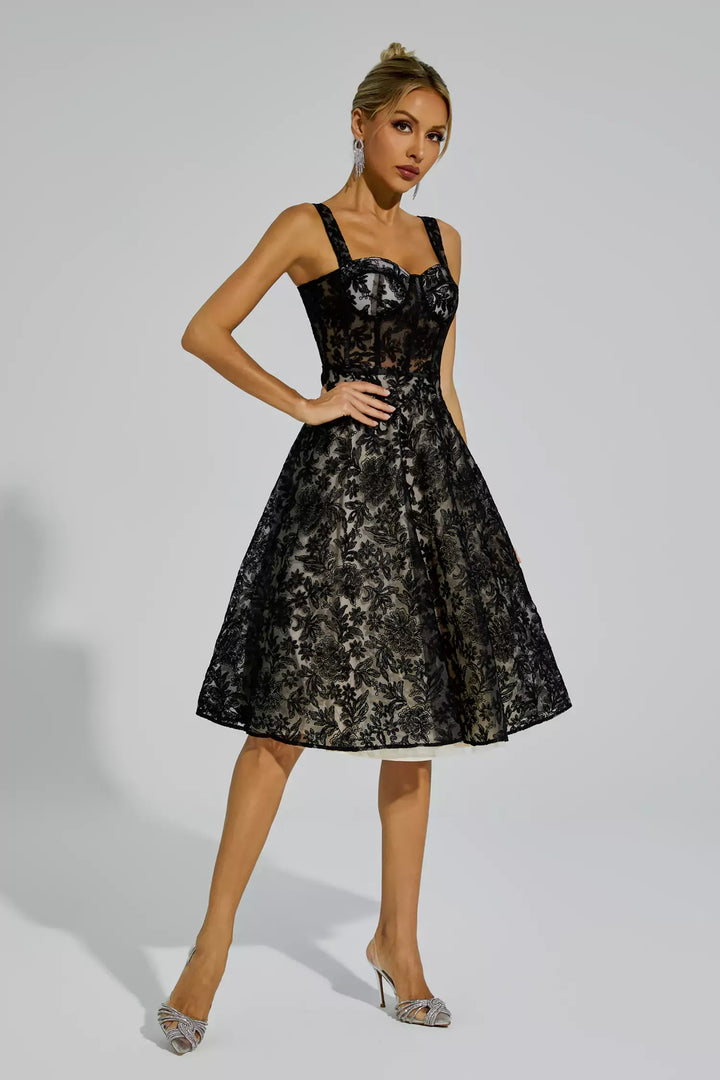 Dillon Black Lace Embroideries Midi Dress