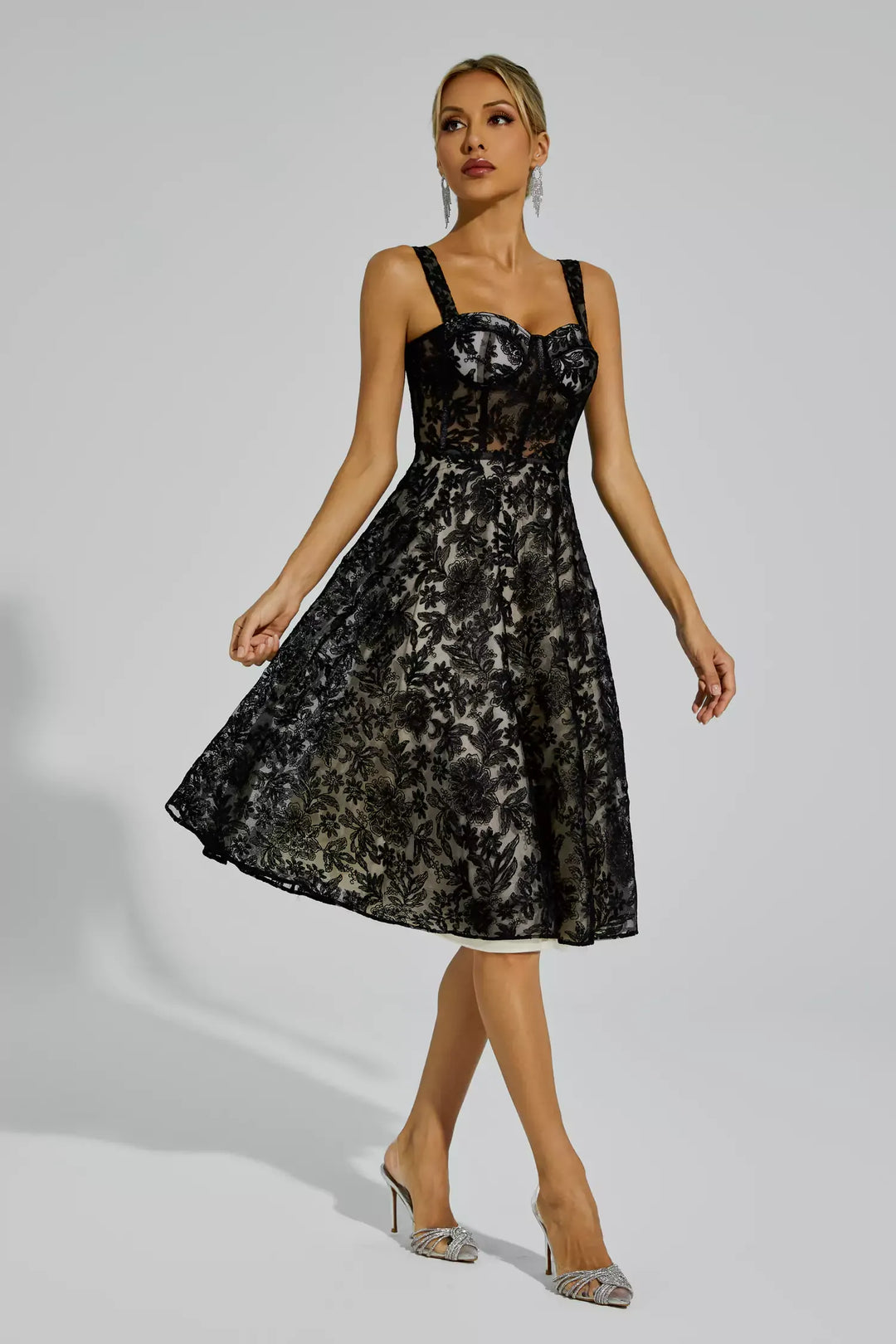 Dillon Black Lace Embroideries Midi Dress