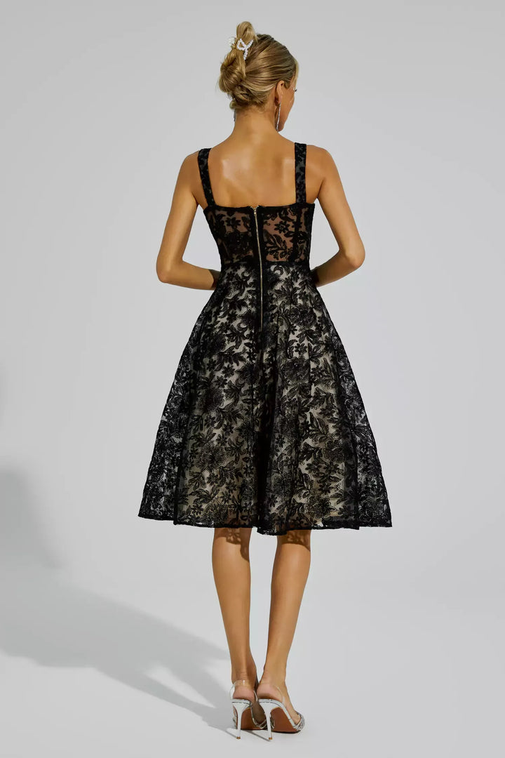 Dillon Black Lace Embroideries Midi Dress