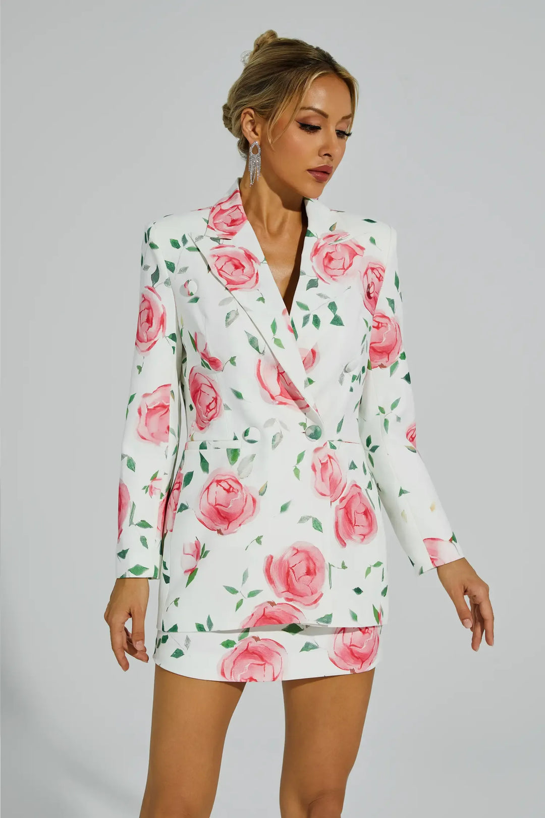 Electra White Rose Printed Blazer Set