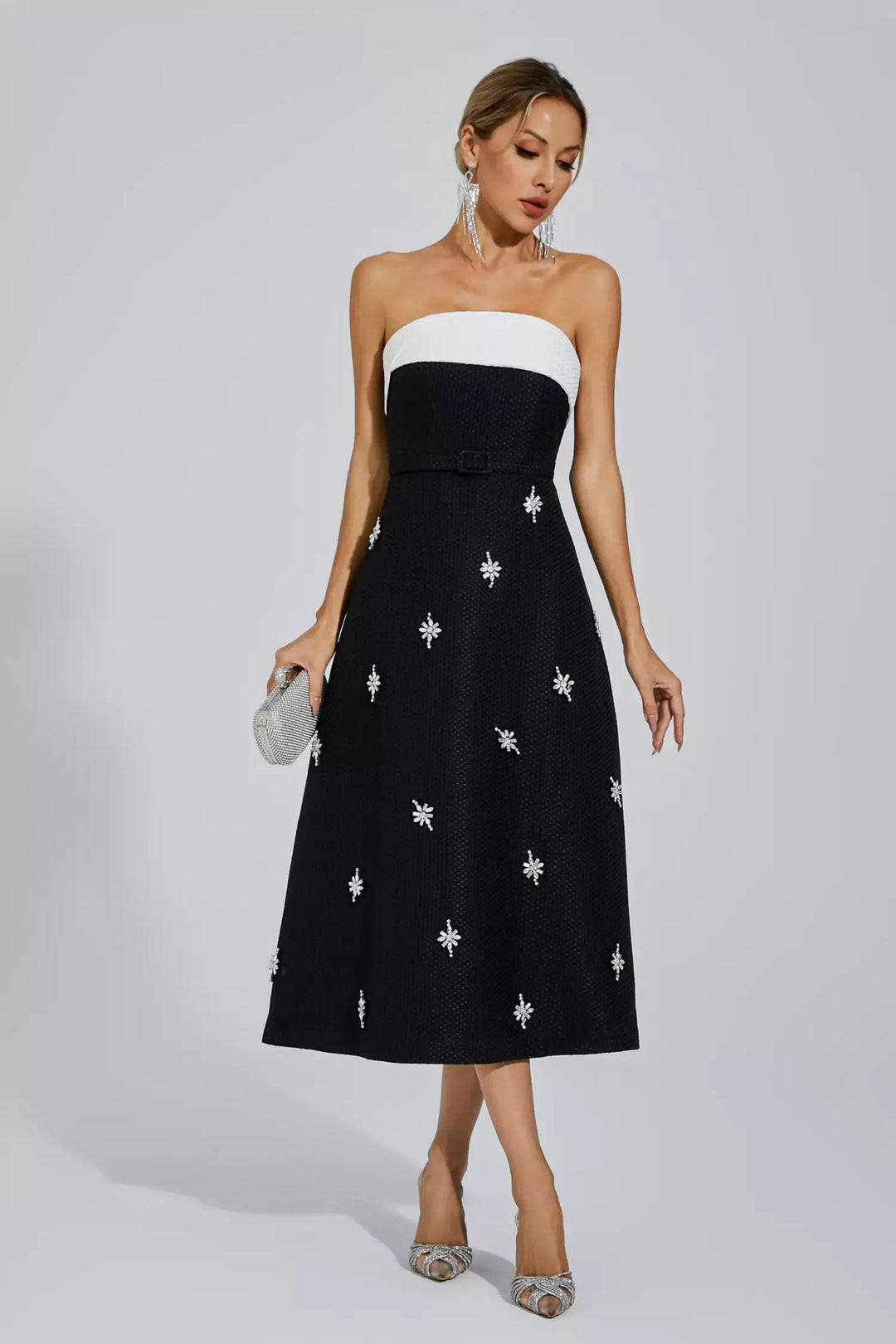 Emberlynn Black White Patchwork Midi Dress