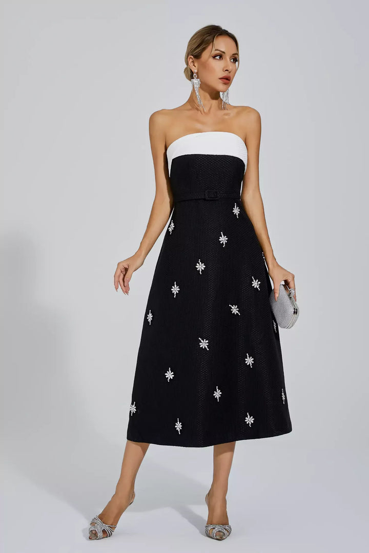 Emberlynn Black White Patchwork Midi Dress