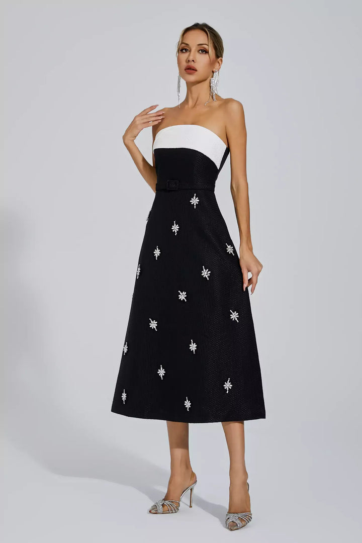 Emberlynn Black White Patchwork Midi Dress