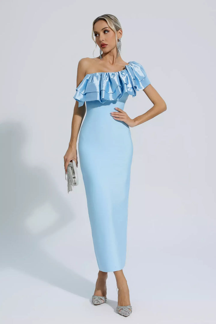 Emerie Blue One Shoulder Ruffles Bandage Dress