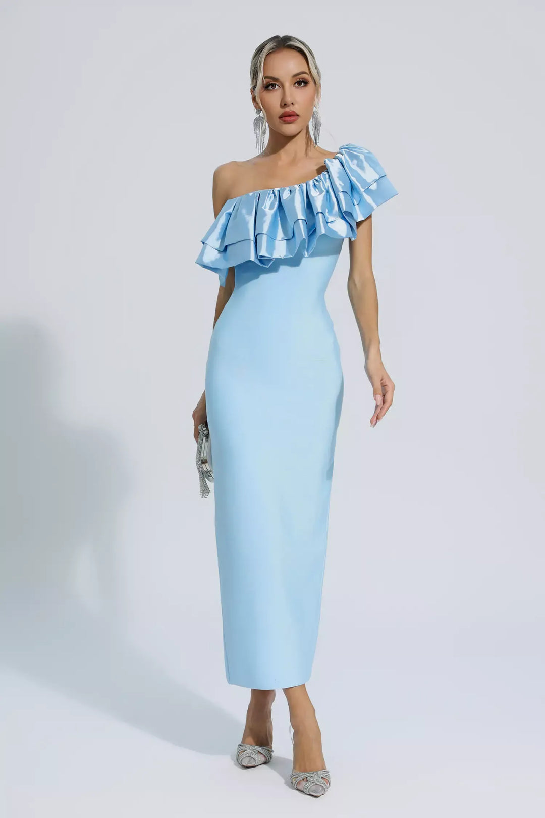 Emerie Blue One Shoulder Ruffles Bandage Dress