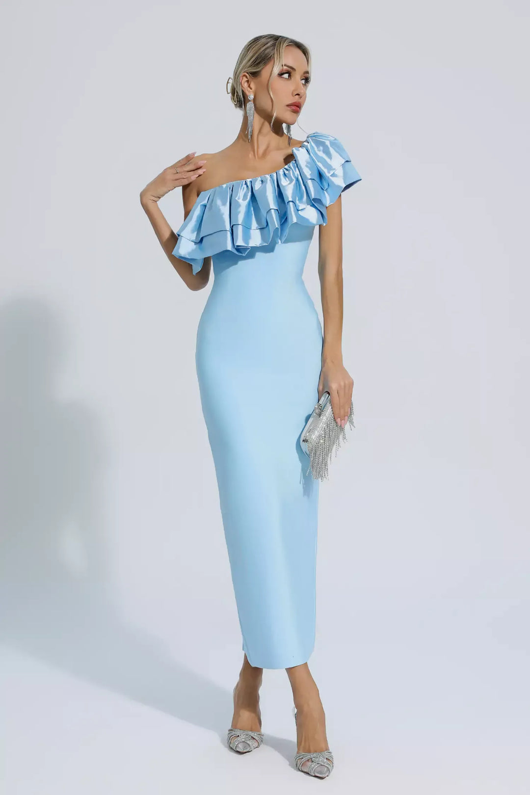 Emerie Blue One Shoulder Ruffles Bandage Dress