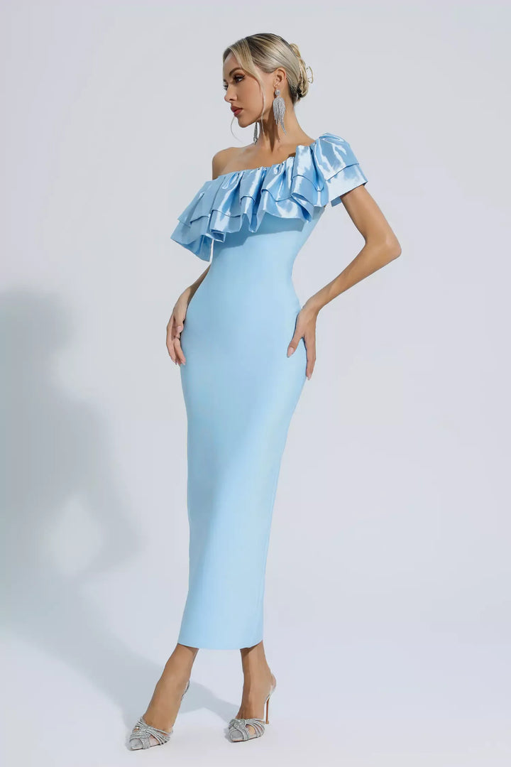 Emerie Blue One Shoulder Ruffles Bandage Dress