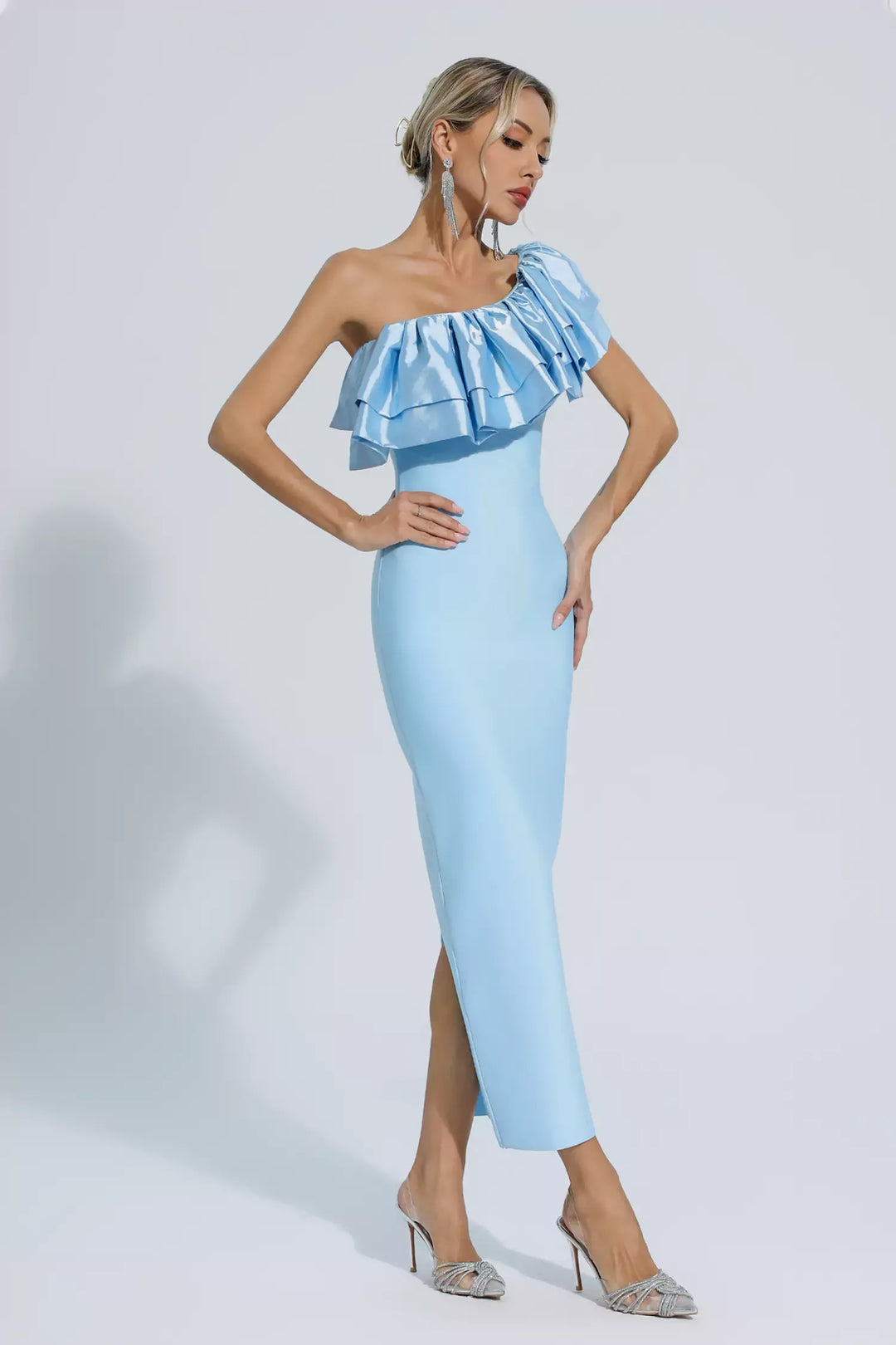 Emerie Blue One Shoulder Ruffles Bandage Dress