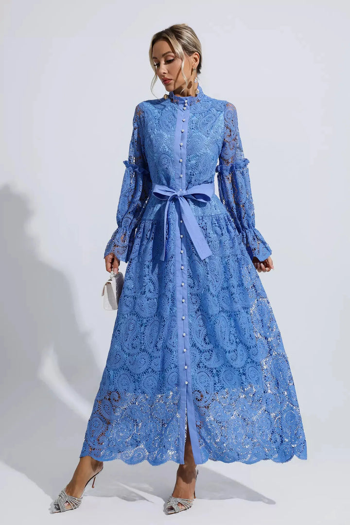 Esmeralda Blue Lace Floral Cutout Maxi Dress