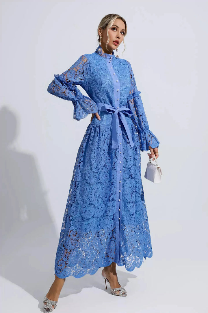 Esmeralda Blue Lace Floral Cutout Maxi Dress