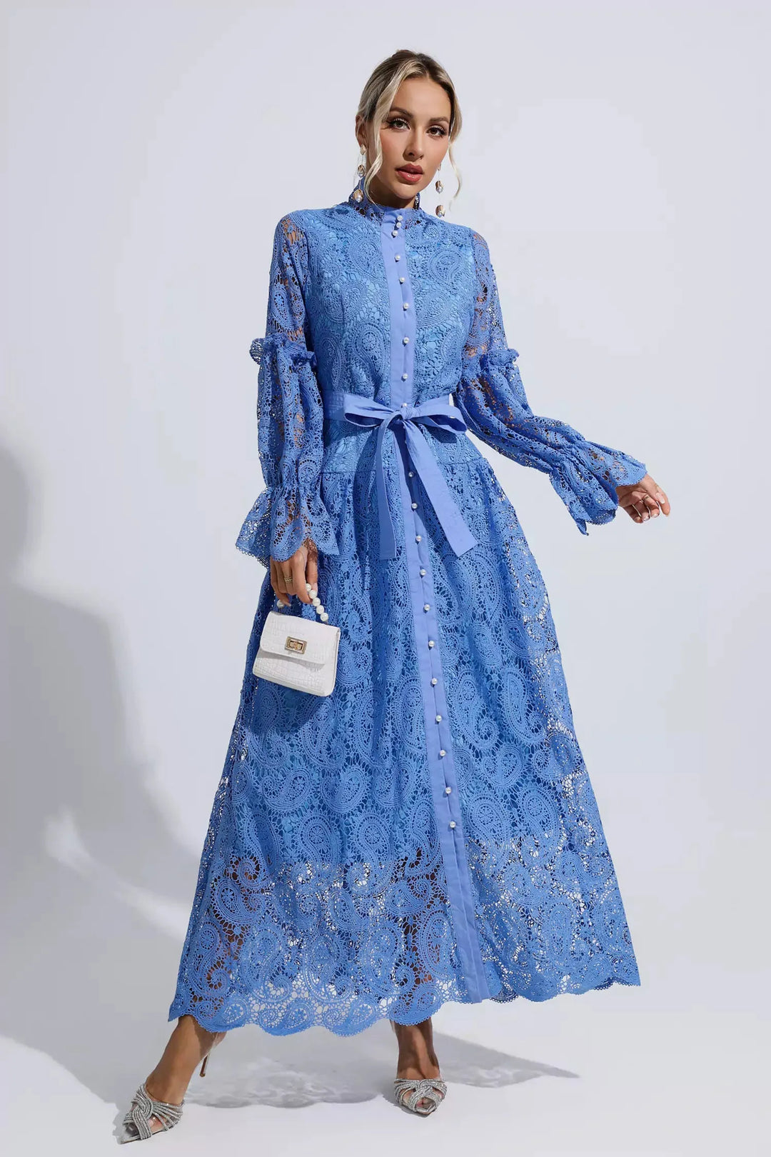 Esmeralda Blue Lace Floral Cutout Maxi Dress