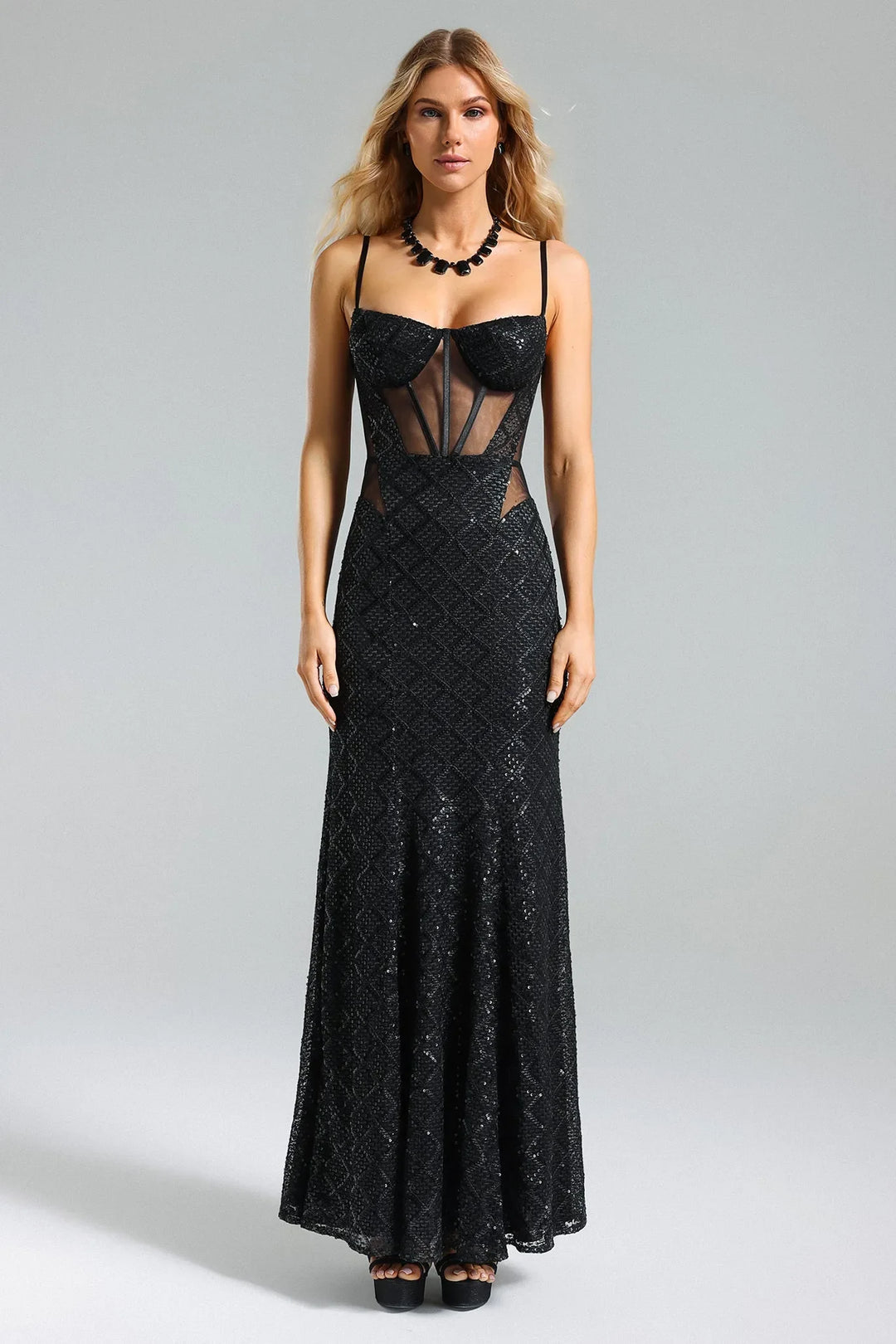 Fahrenheit Sequins Mesh Maxi Dress