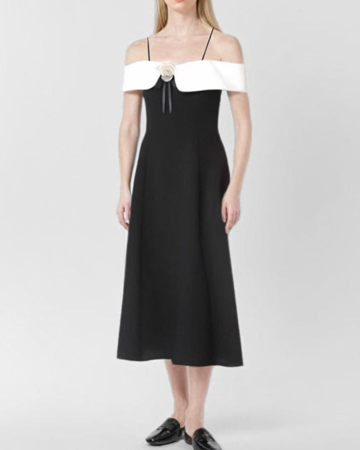 Textured Pleated Suspender Colorblock Elegant Dress