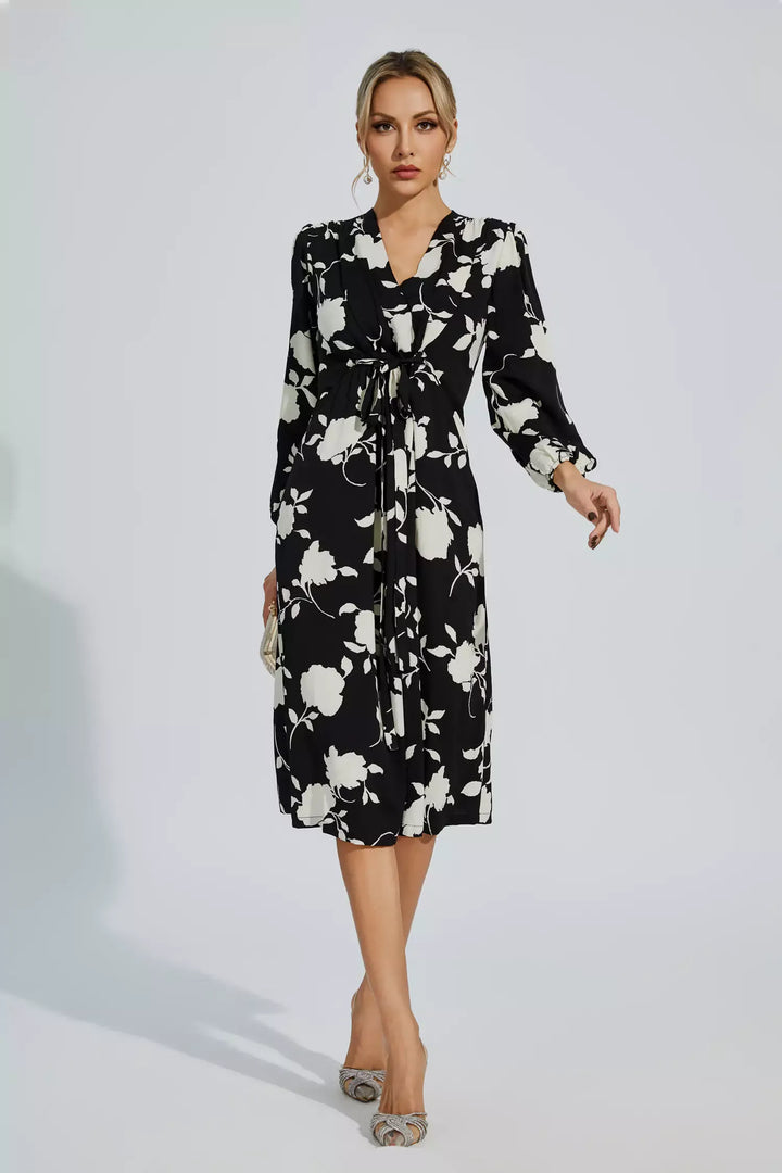 Galilea Black Floral Girded Midi Dress