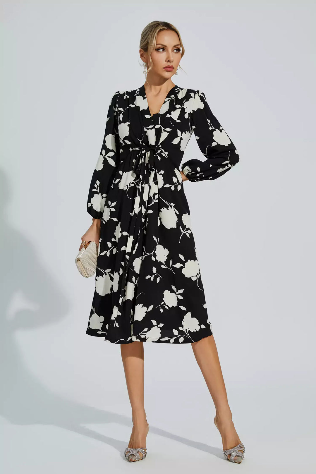 Galilea Black Floral Girded Midi Dress