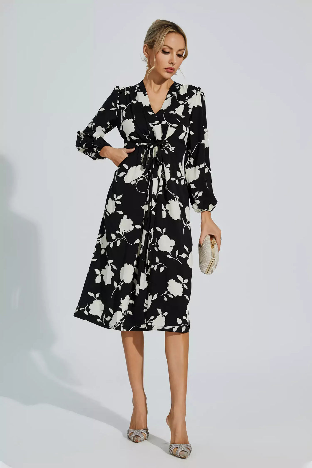 Galilea Black Floral Girded Midi Dress