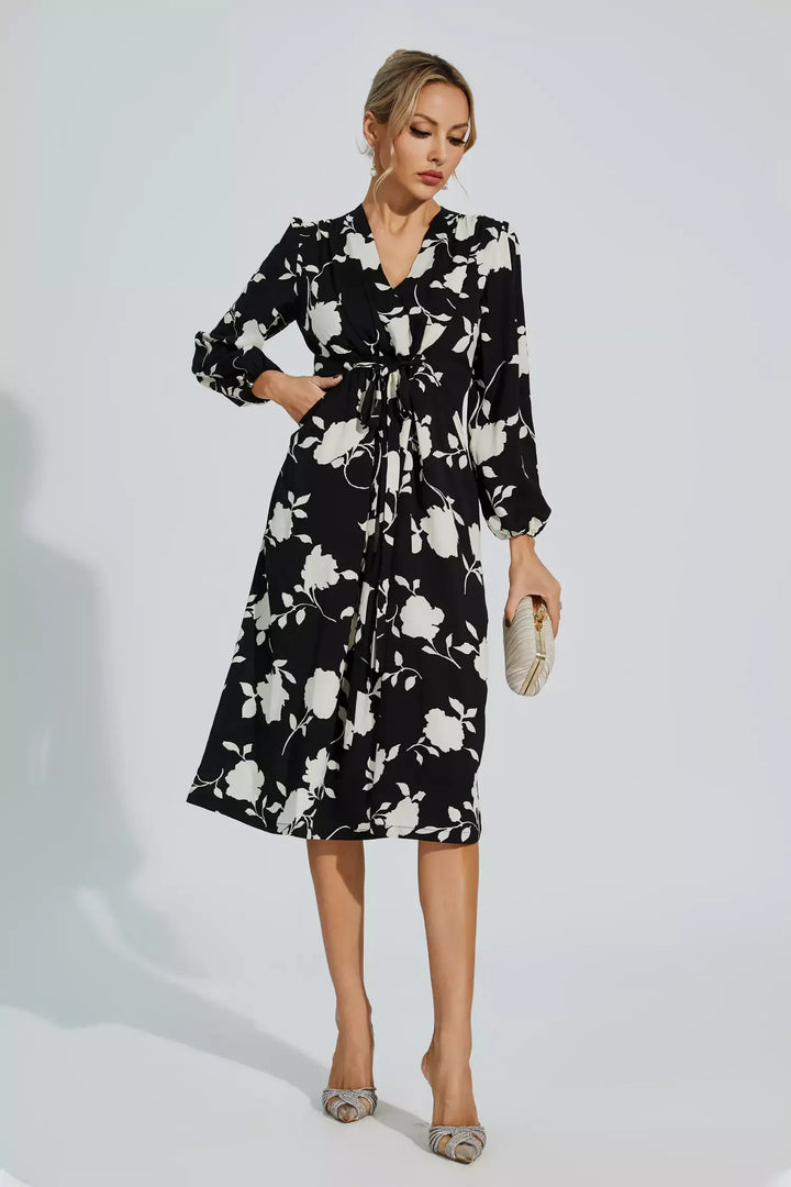 Galilea Black Floral Girded Midi Dress