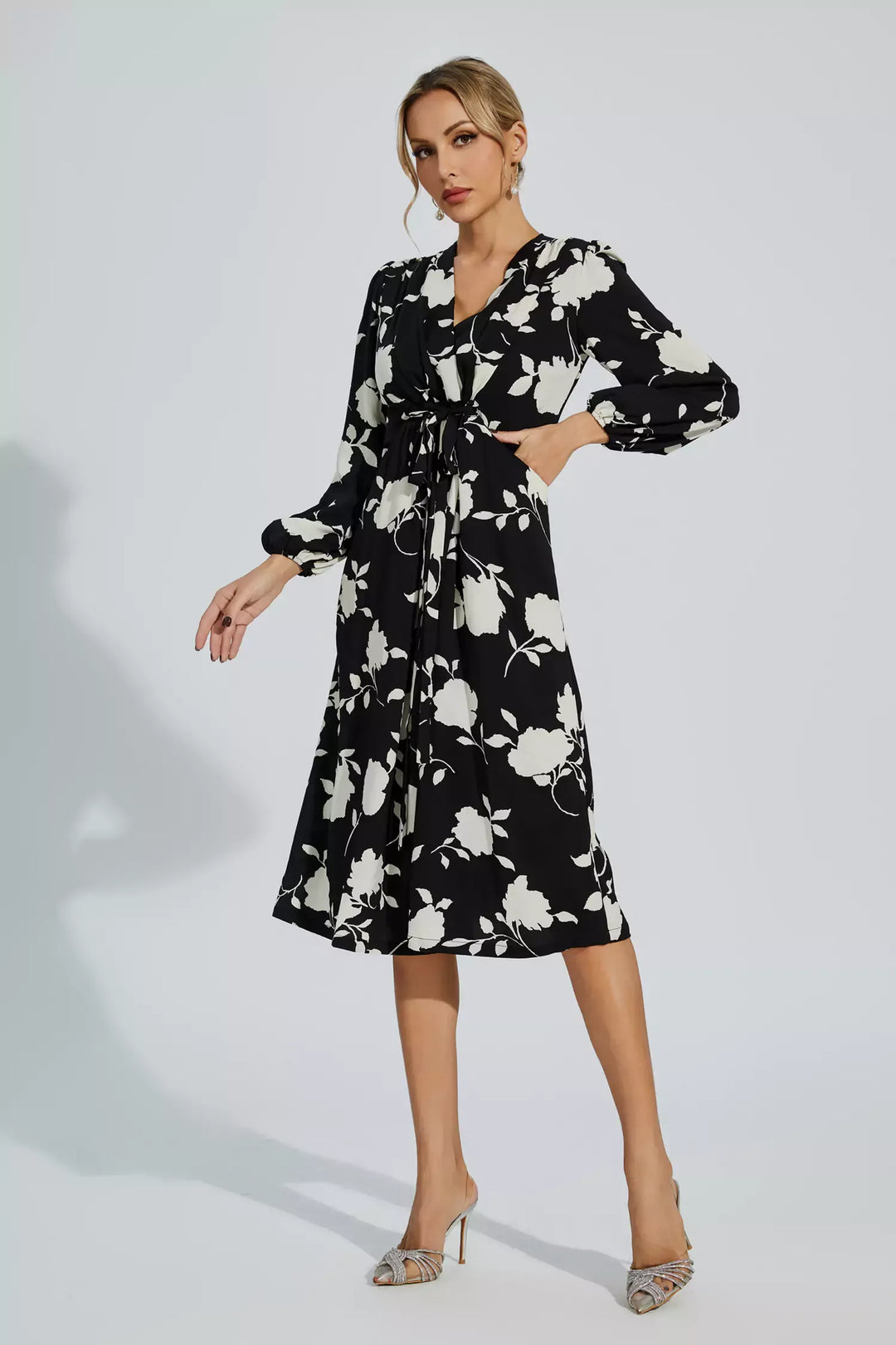 Galilea Black Floral Girded Midi Dress