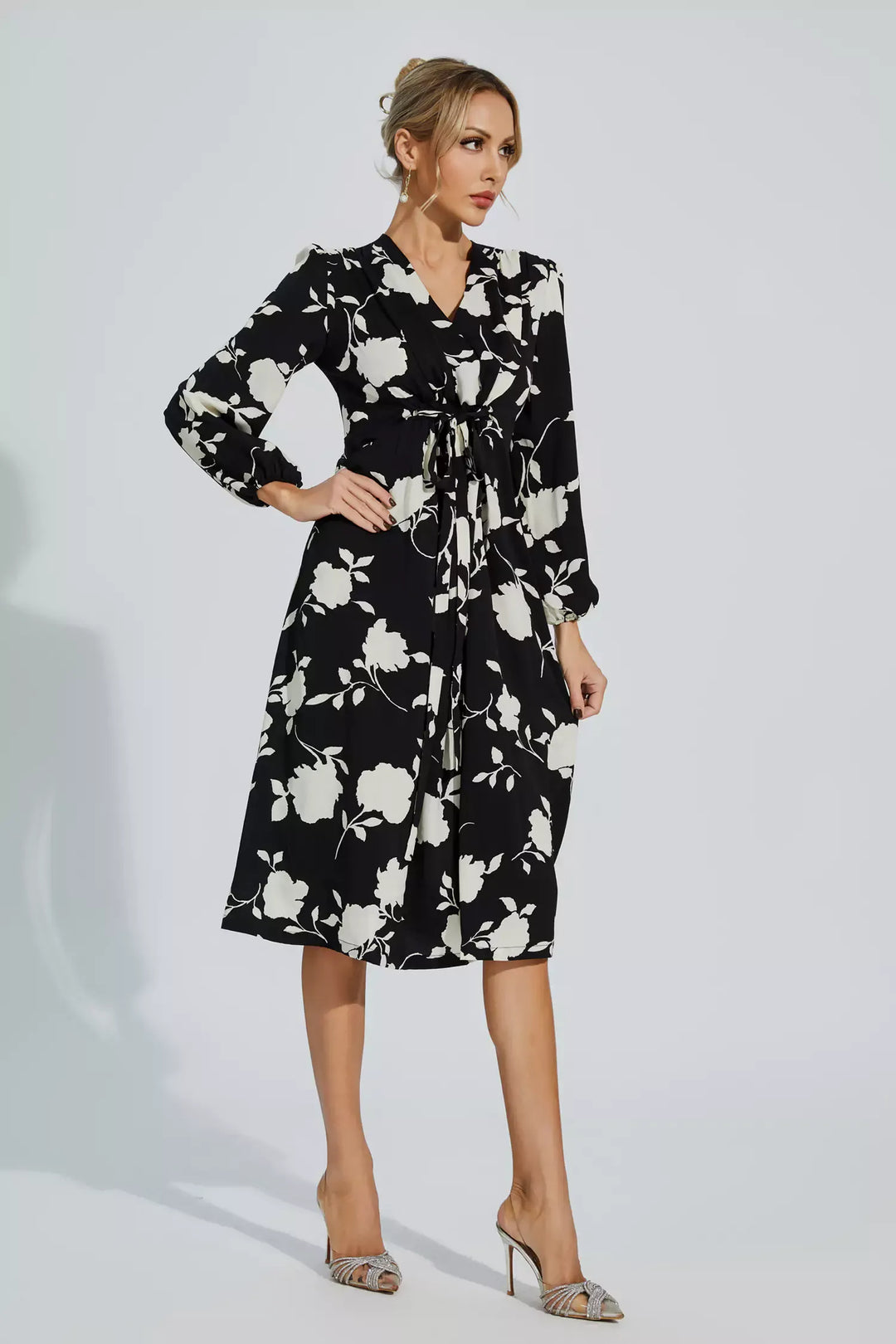 Galilea Black Floral Girded Midi Dress