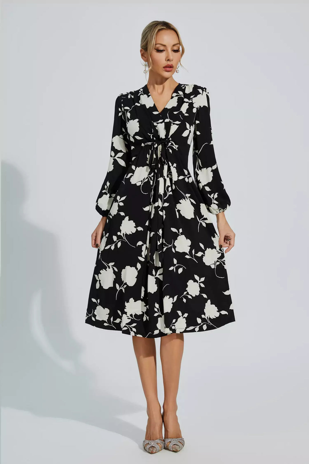 Galilea Black Floral Girded Midi Dress