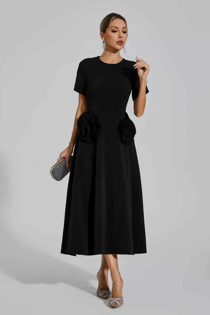 Greta Black Flower Midi Dress