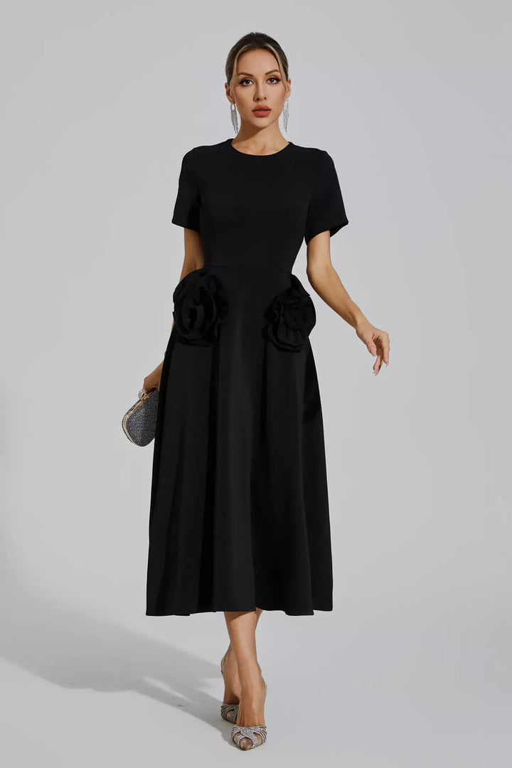 Greta Black Flower Midi Dress