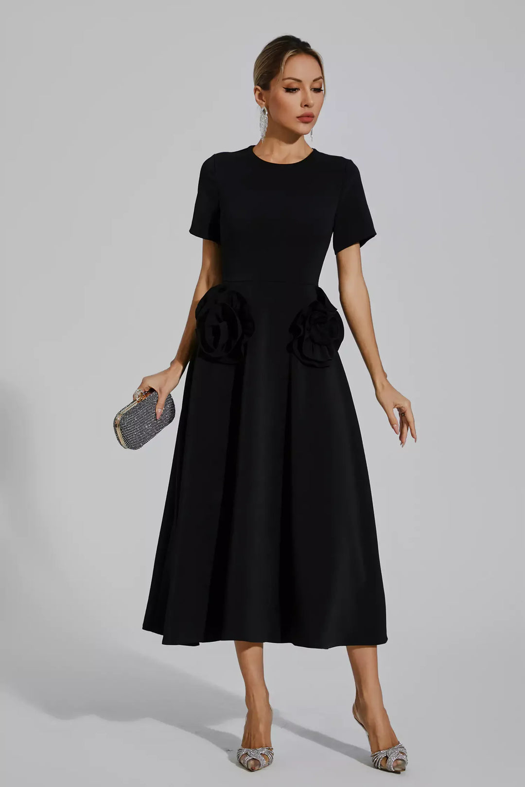 Greta Black Flower Midi Dress