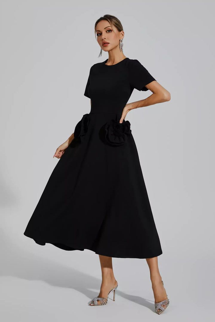 Greta Black Flower Midi Dress