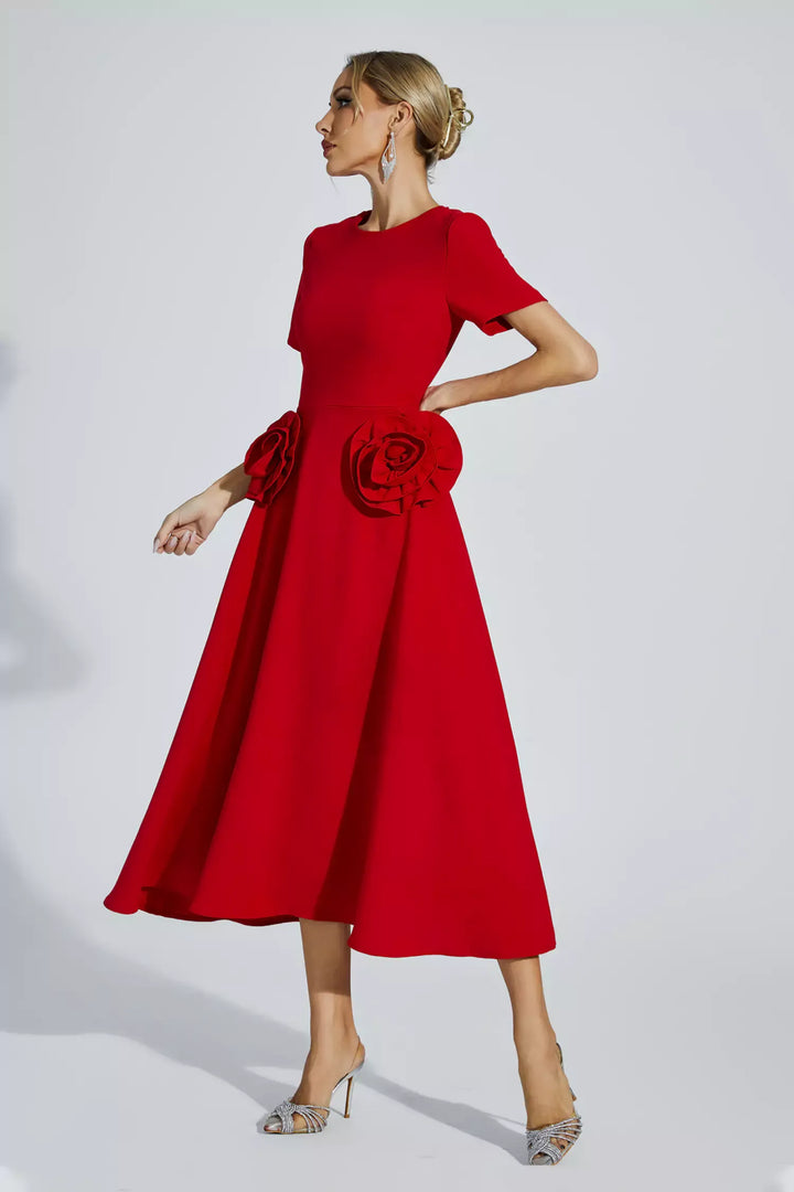 Greta Red Flower Midi Dress