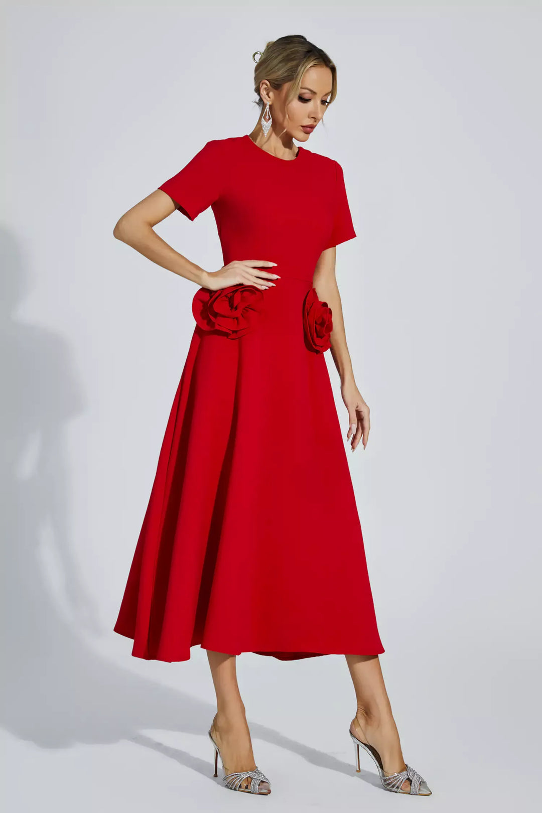 Greta Red Flower Midi Dress