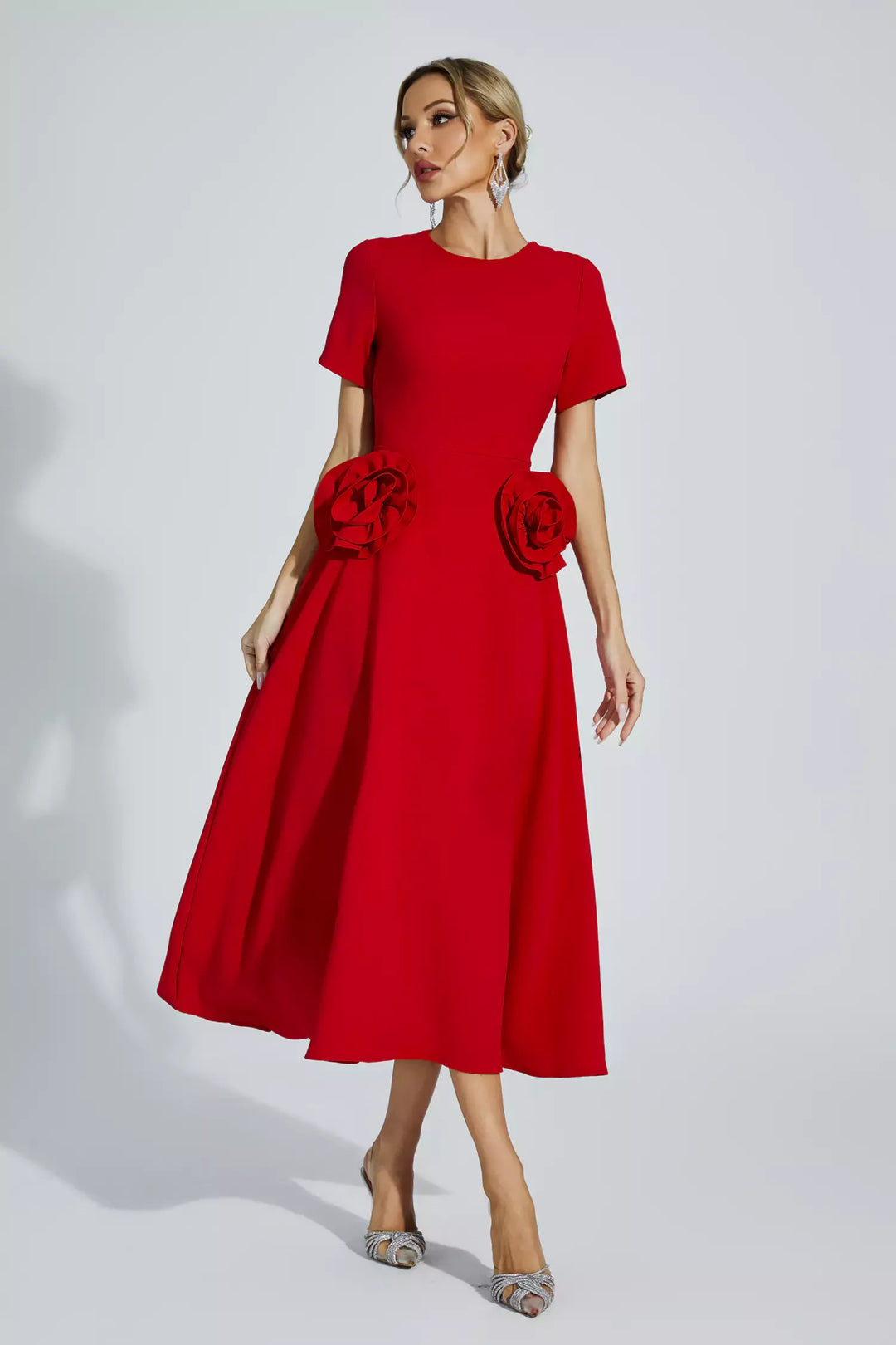 Greta Red Flower Midi Dress