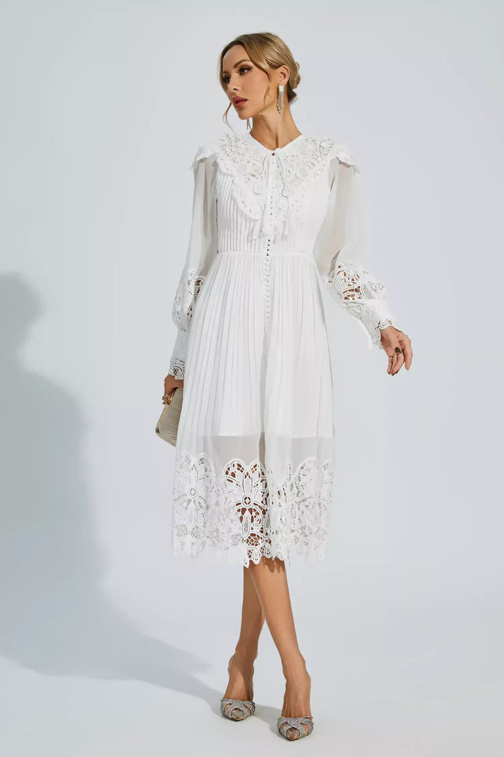 Harlee White Hollow Embroidery Midi Dress