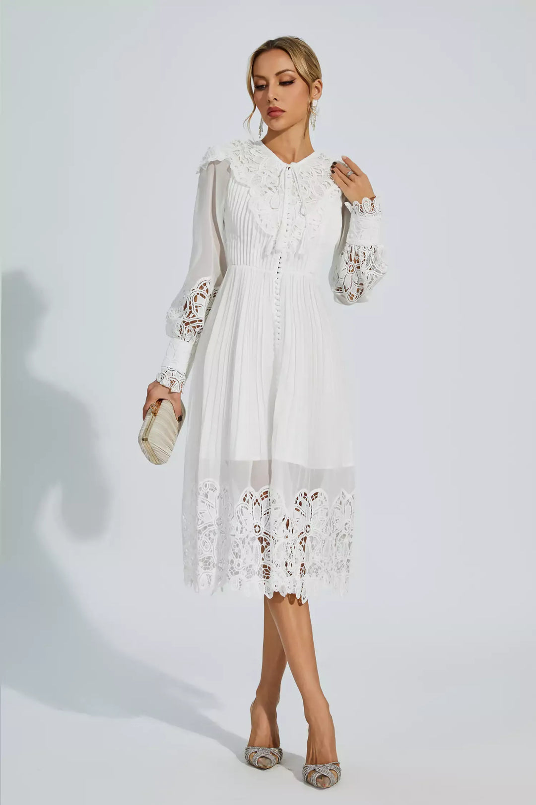 Harlee White Hollow Embroidery Midi Dress