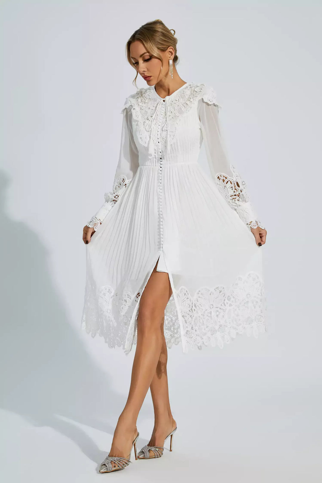 Harlee White Hollow Embroidery Midi Dress