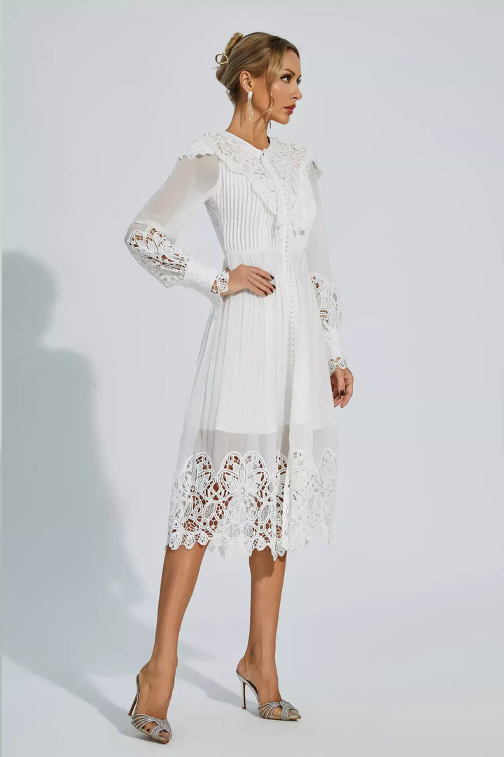 Harlee White Hollow Embroidery Midi Dress