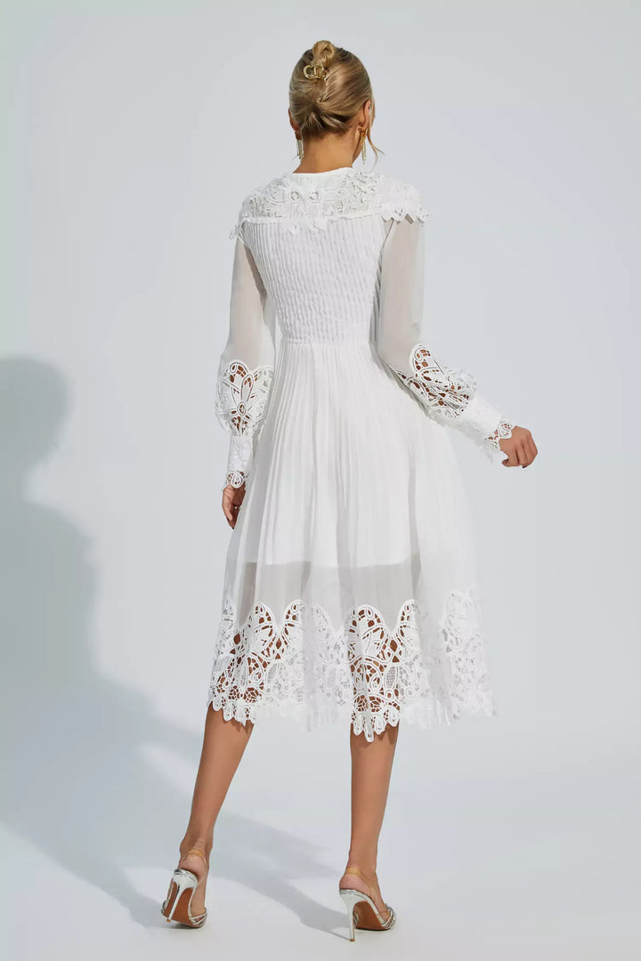 Harlee White Hollow Embroidery Midi Dress