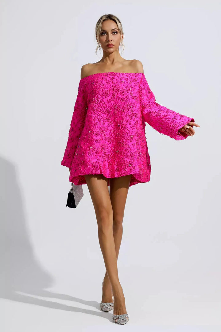 Off Shoulder Rose Red Jacquard Floral Mini Dress