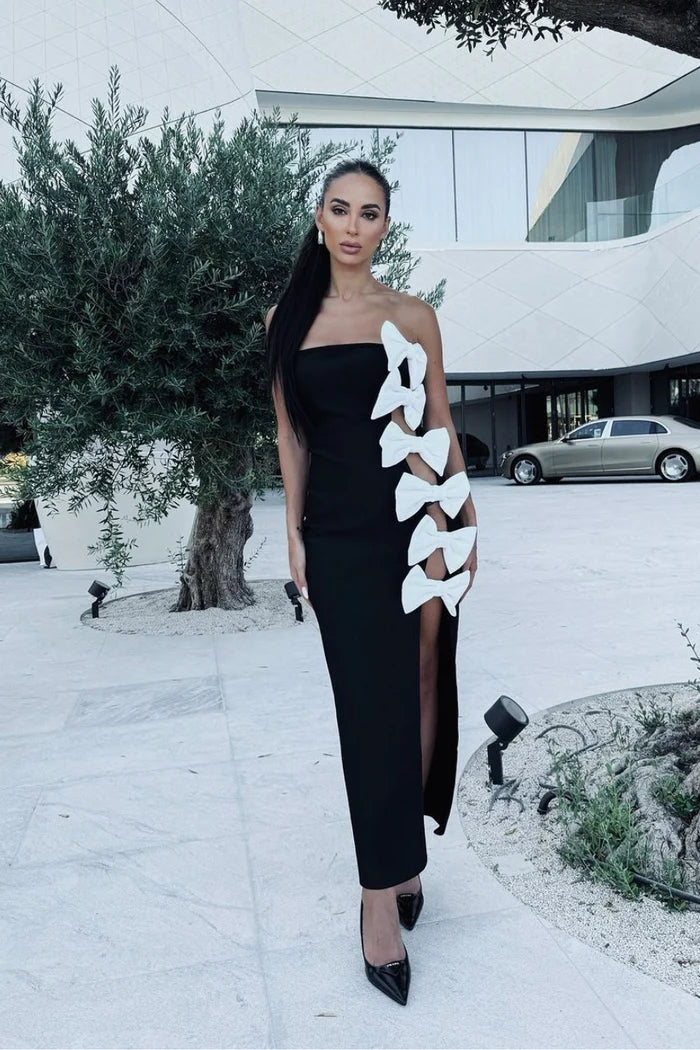 Lateral Bows Black Hourglass Midi Dress