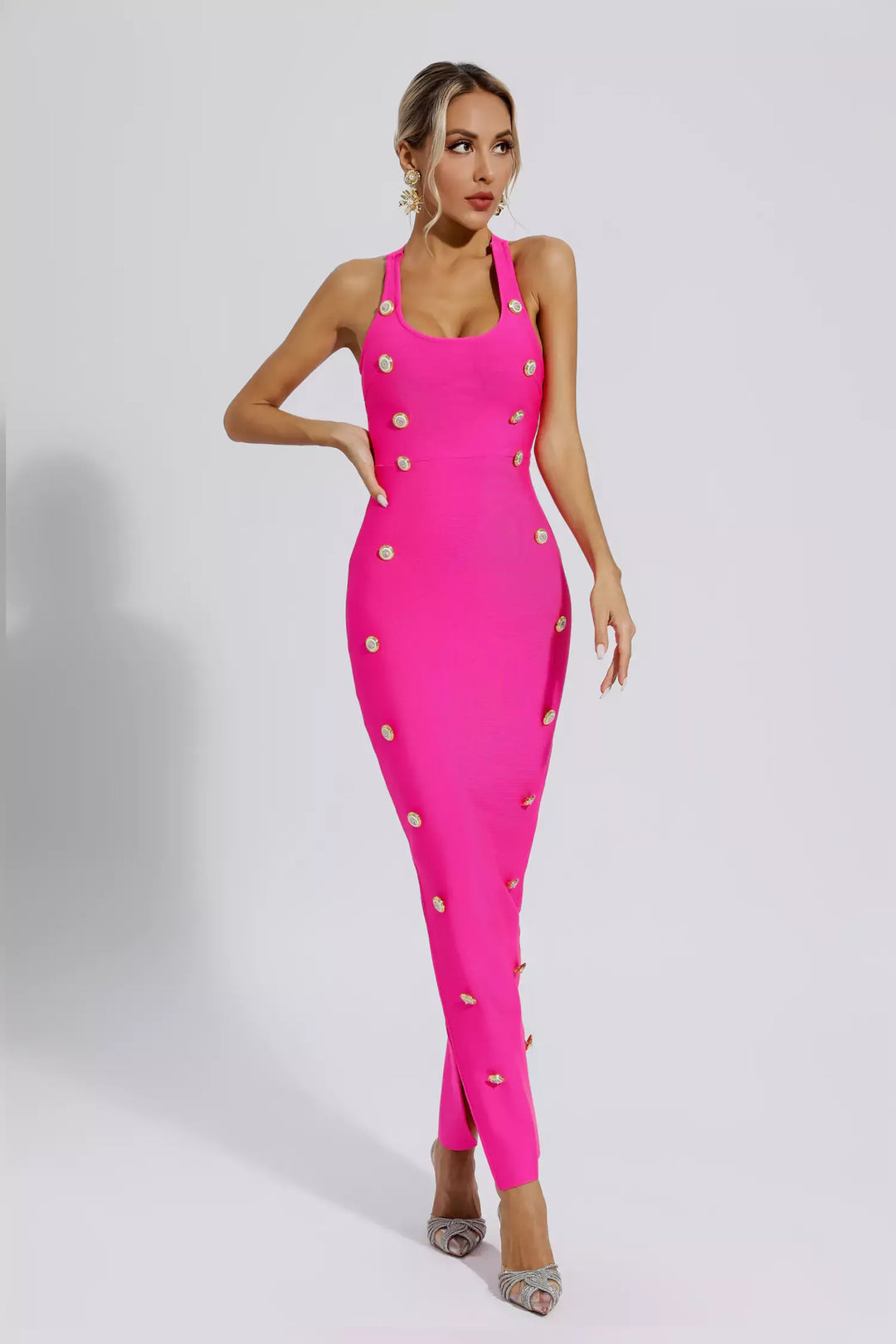 Scarlett Pink Cross-border Waist Repair Sexy Bandage Long Dress