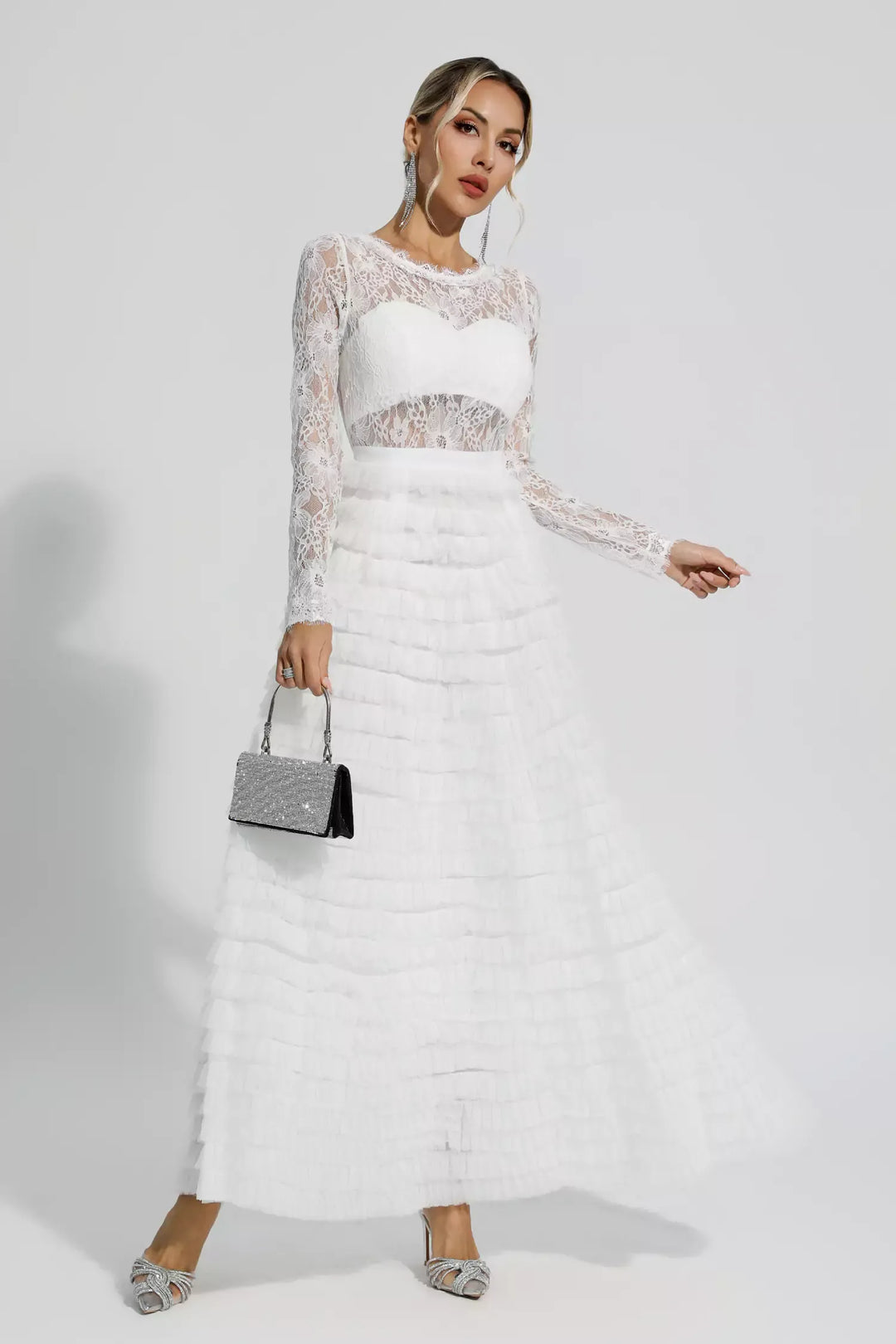 Jayleen White Hollow Lace A-line Maxi Dress