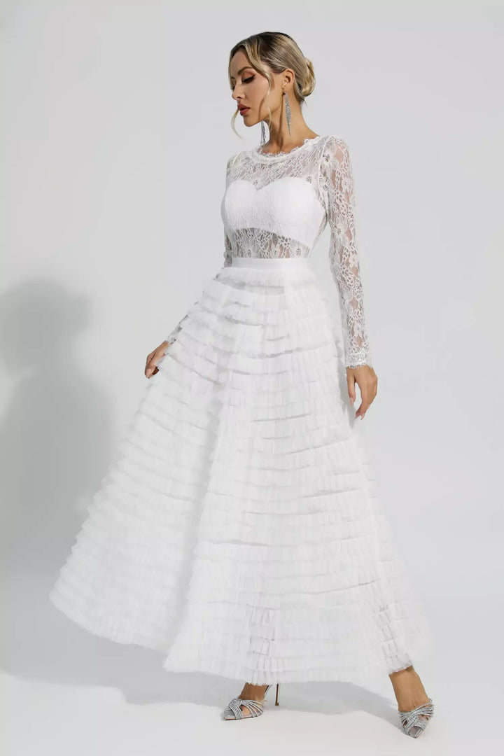 Jayleen White Hollow Lace A-line Maxi Dress