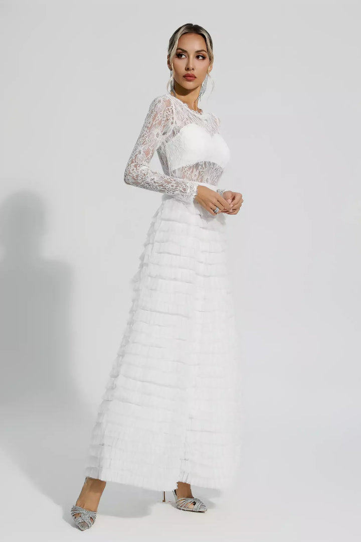 Jayleen White Hollow Lace A-line Maxi Dress