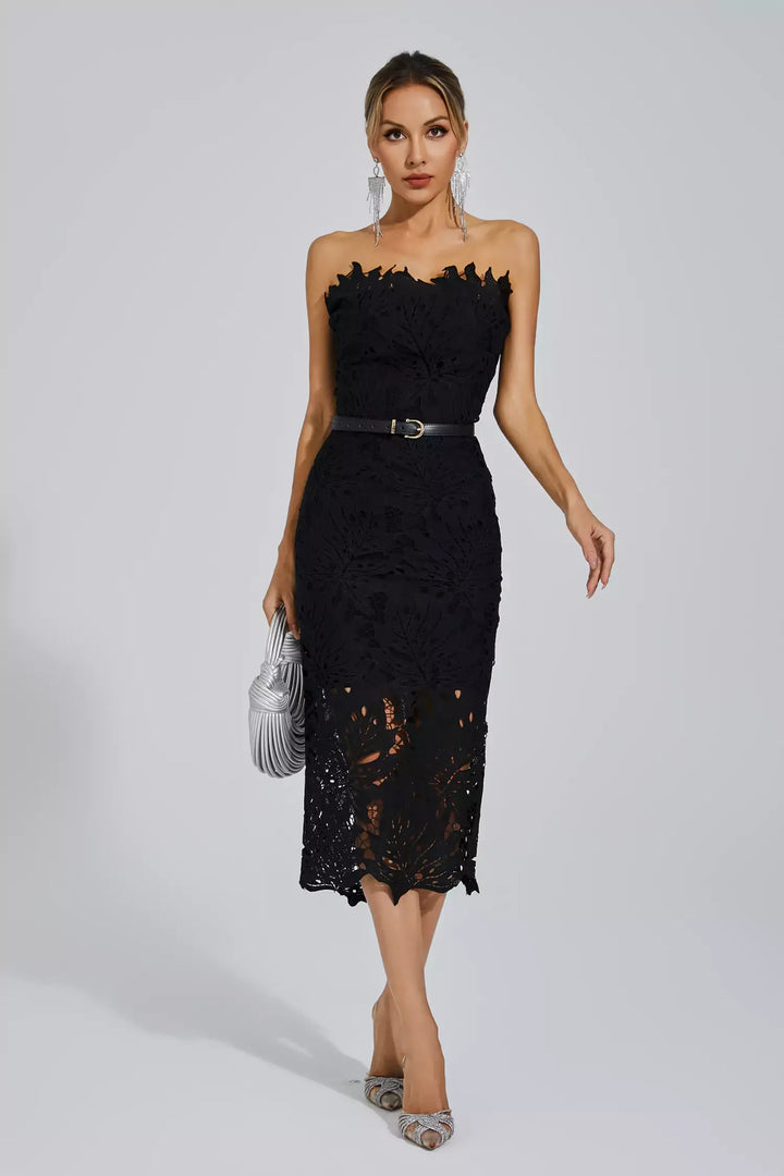 Jazlyn Black Floral Lace Midi Dress