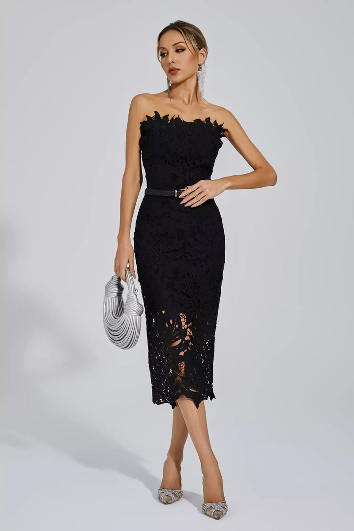 Jazlyn Black Floral Lace Midi Dress