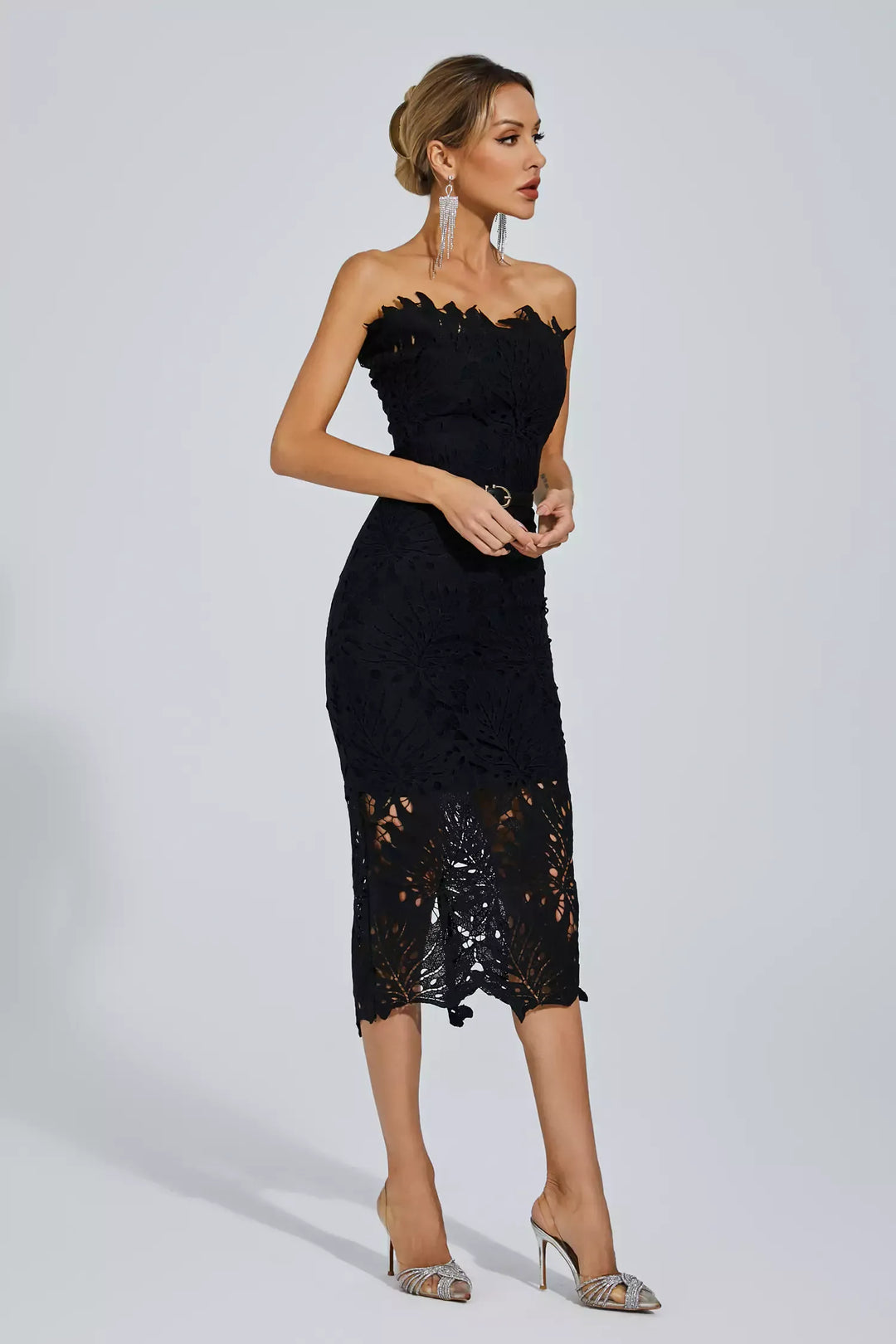 Jazlyn Black Floral Lace Midi Dress