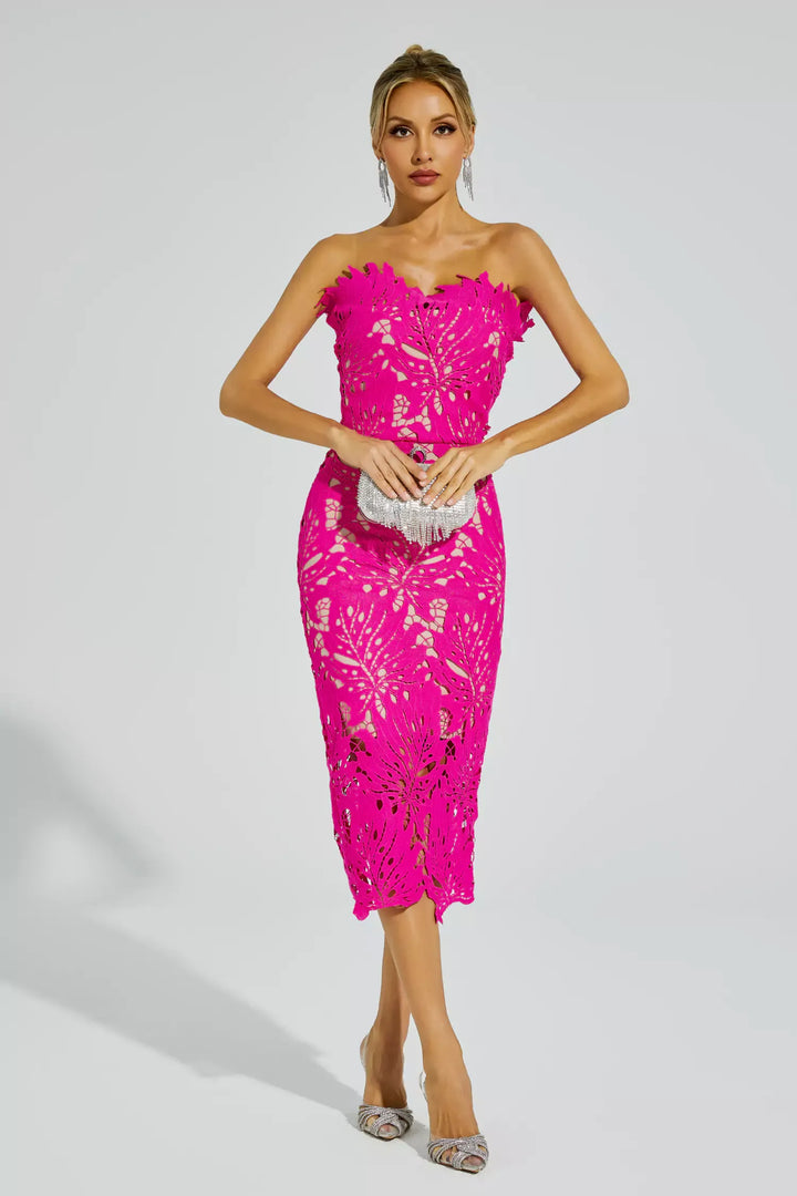 Jazlyn Rose Red Floral Lace Midi Dress