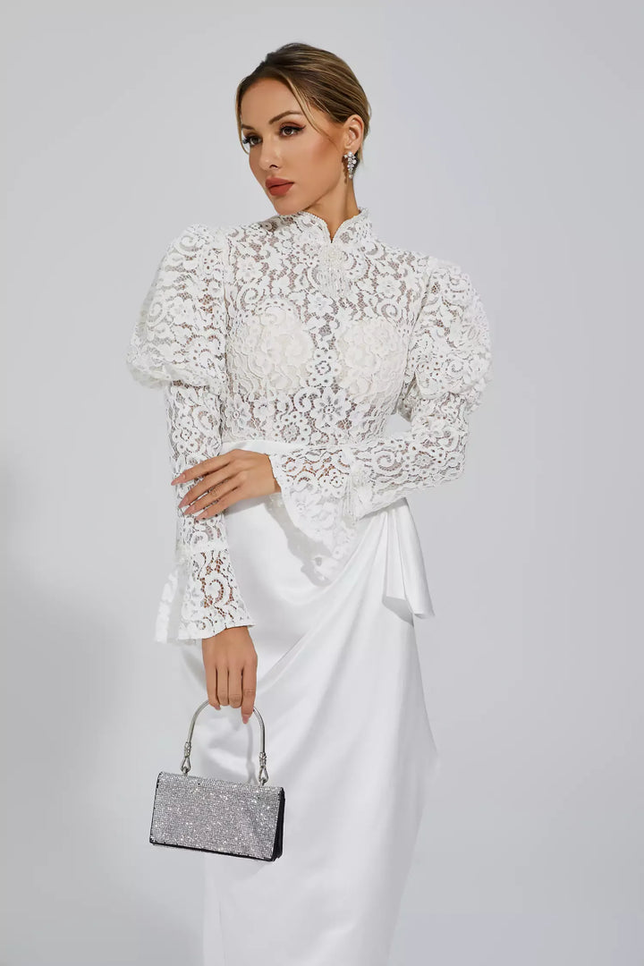 Kailey White Lace Bubble Sleeve Midi Dress