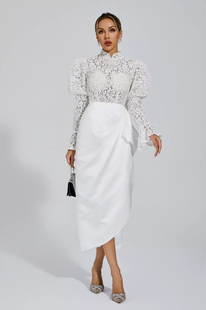 Kailey White Lace Bubble Sleeve Midi Dress