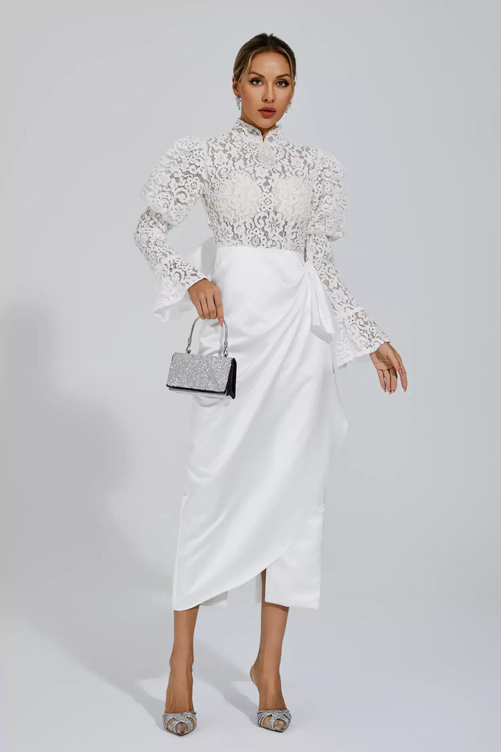 Kailey White Lace Bubble Sleeve Midi Dress