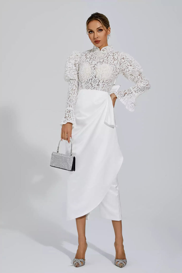 Kailey White Lace Bubble Sleeve Midi Dress